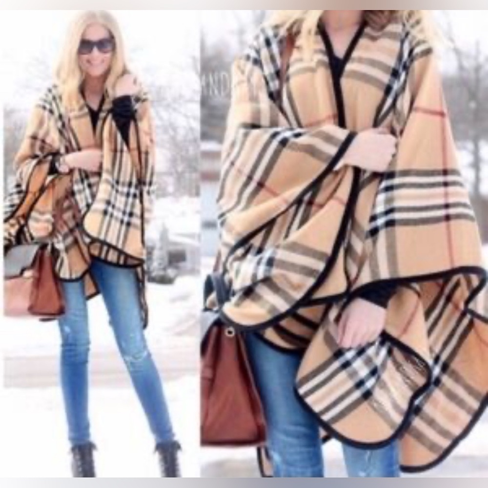 NWT Lord & Taylor Camel black cream and red Nova Check Plaid cape w black trim